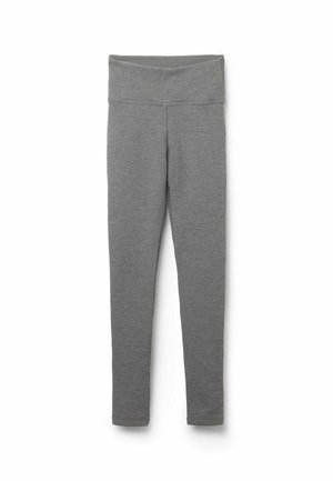 Grå rippade leggings med bred midjeresår. Tillverkade av stretchigt material, har de en åtsittande passform och inga synliga knappar eller mönster.