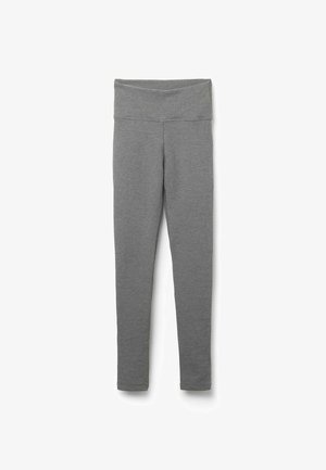 Grå ribbede leggins med bred talje. Fremstillet af strækbart materiale, har de en tætsiddende pasform og ingen synlige lukninger eller mønstre.