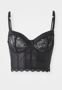 Bustier noir avec des bonnets rembourrés recouverts de dentelle, en tissu satinée, avec une bordure en dentelle festonnée et des bretelles réglables.