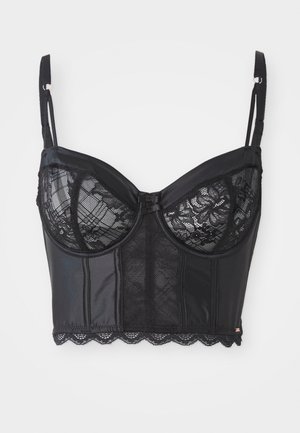 Black bustier featuring padded cups with lace overlay, satin-like fabric, a scalloped lace trim, and adjustable shoulder straps.