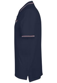 Navyblauwe poloshirt, korte mouwen, met contrasterende rode en witte gestreepte accenten op de kraag en mouwzoom, gemaakt van gladde stof.