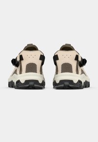 Paire de chaussures de randonnée beige et grises vues de dos, avec des sangles noires et des semelles robustes noires et blanches sur un fond blanc.