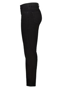 Jean skinny en denim noir avec une texture lisse, taille mi-haute et design à cinq poches. Détails cousus le long des coutures.