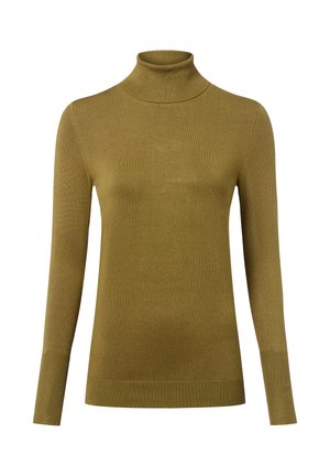 Olive green turtleneck sweater, fitted design, long sleeves, ribbed texture, soft material, minimal stitching details, and straight hem.