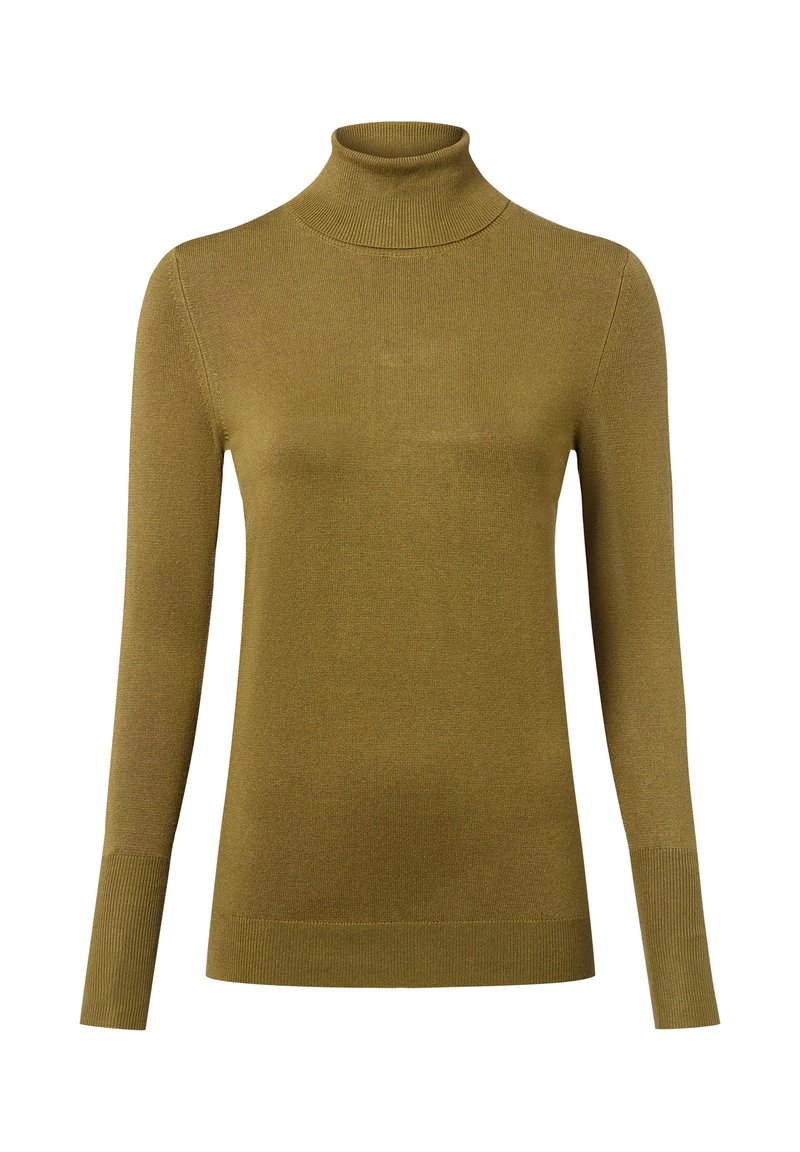 Olivgrüner Rollkragenpullover, taillierte Passform, lange Ärmel, gerippte Textur, weiches Material, minimale Nähdetails und gerade Saum.