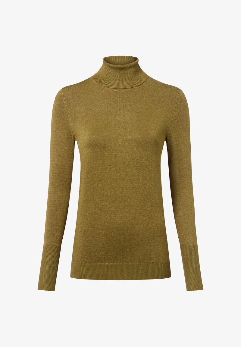 Olivgrüner Rollkragenpullover, taillierte Passform, lange Ärmel, gerippte Textur, weiches Material, minimale Nähdetails und gerade Saum.