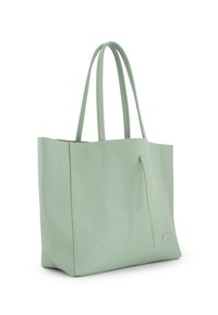 Mintgroene leren tote bag met twee stevige handvatten en een gestructureerde afwerking. Kenmerkt zich door een minimalistisch ontwerp en subtiele stikdetails.