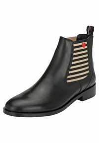 Botte Chelsea en cuir noir avec un panneau textile rayé et un accent en forme de cœur rouge, et un petit talon empilé pour plus de stabilité.