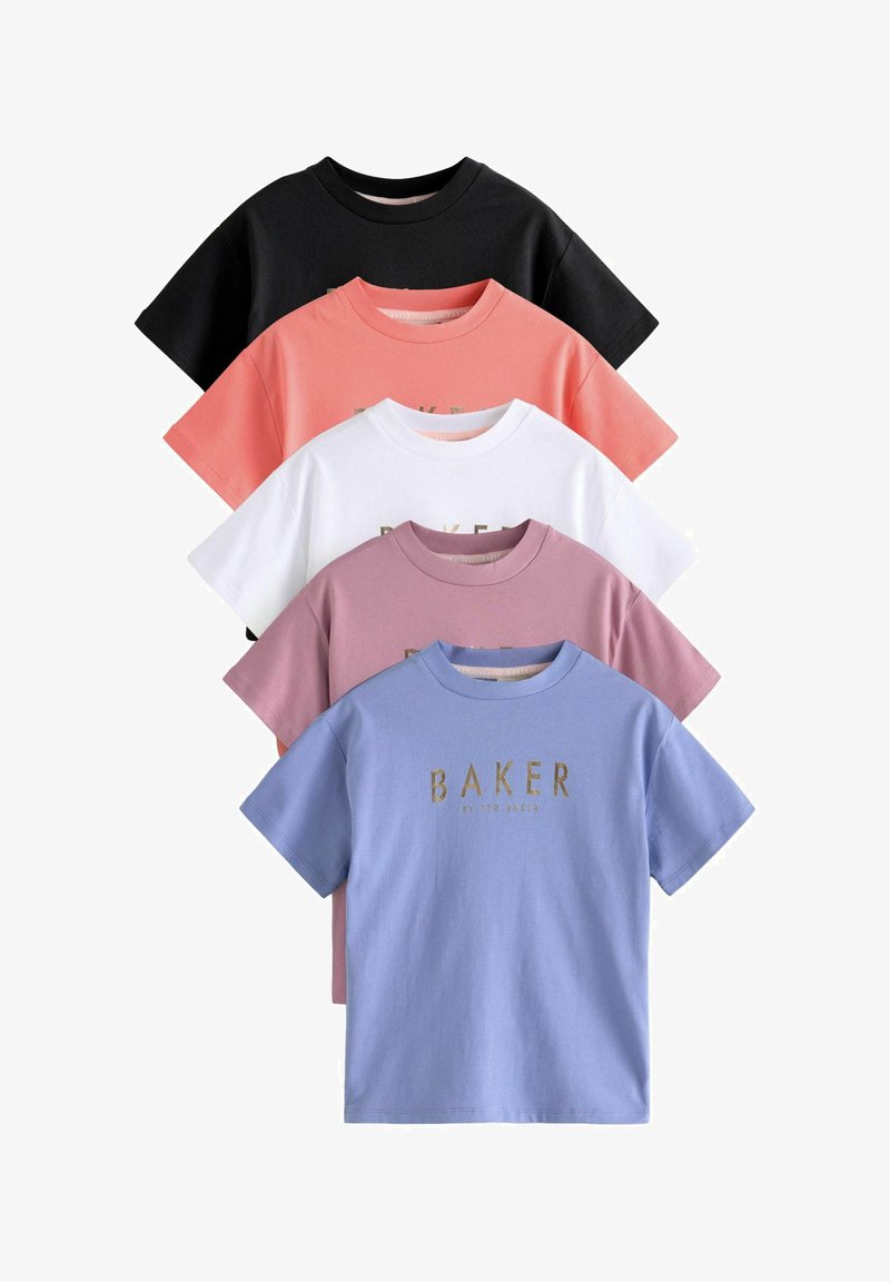 Five short-sleeve t-shirts in black, coral, white, pink, and blue with metallic gold text reading "BAKER by Ted Baker." Cotton material, relaxed fit.
