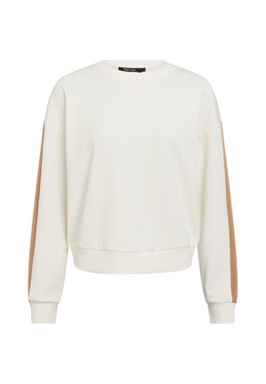 Cream sweatshirt with long sleeves, featuring a tan accent stripe on each arm. Soft texture with a rounded neckline and ribbed cuffs.