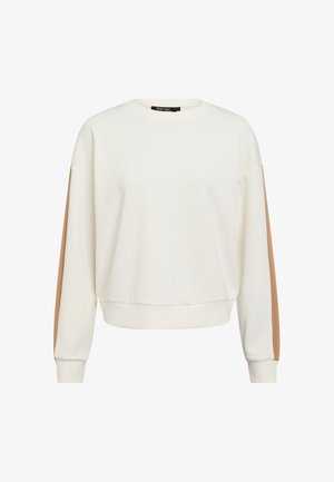 Cremfarbener Pullover mit langen Ärmeln, der an jedem Arm einen sandfarbenen Akzentstreifen aufweist. Weicher Stoff mit rundem Halsausschnitt und gerippten Bündchen.