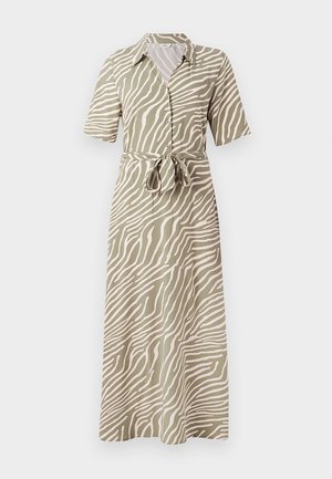 Olive roheline maksimekleit, millel on beež laineline triibumuster, lühikesed varrukad, nööbid ees ja seotud vöödetail. Sile kangatekstuur.