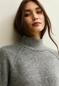 Maglione grigio a collo alto lavorato a maglia, con tessuto testurizzato e maniche raglan, caratterizzato da una vestibilità aderente attorno al collo e un aspetto morbido e accogliente.