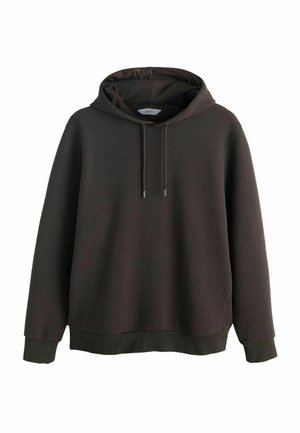 Pruun kapuutsiga dressipluus tekstuurse vahvlimustriga, millel on kinnisnöör ja soonilised varrukaserval ja alläär. Pehme materjal, lõdvestunud istuvus.