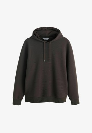 Pruun kapuutsiga dressipluus tekstuurse vahvlimustriga, millel on kinnisnöör ja soonilised varrukaserval ja alläär. Pehme materjal, lõdvestunud istuvus.