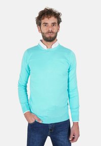 Maglione lavorato a maglia di colore azzurro con maniche lunghe e scollo rotondo, indossato sopra una camicia bianca con colletto, abbinato a jeans in denim scuro.