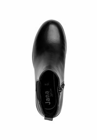 Bottines en cuir noir avec une tige lisse, un bout rond, une fermeture éclair sur le côté et une semelle intérieure à logo. Forme compacte avec un talon bas.