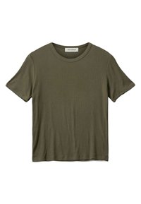 Alyvuogių žalių trumpų rankovių marškinėliai, pagaminti iš banguotos medžiagos, su apvaliu iškirpimu ir laisvu siluetu. Etiketėje nurodyta "Sofie Schnoor."