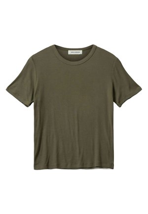 Olivnozeleni kratki rokav T-shirt iz rebraste tkanine, s krožnim izrezom in sproščenim samim krojem. Oznaka glasila "Sofie Schnoor."