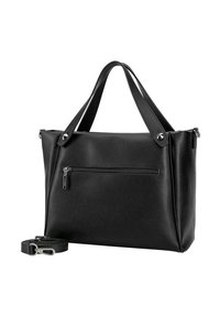 Svart läderhandväska med två topphandtag, en dragkedjeficka fram och en avtagbar axelrem. Slät yta och minimalistisk design.