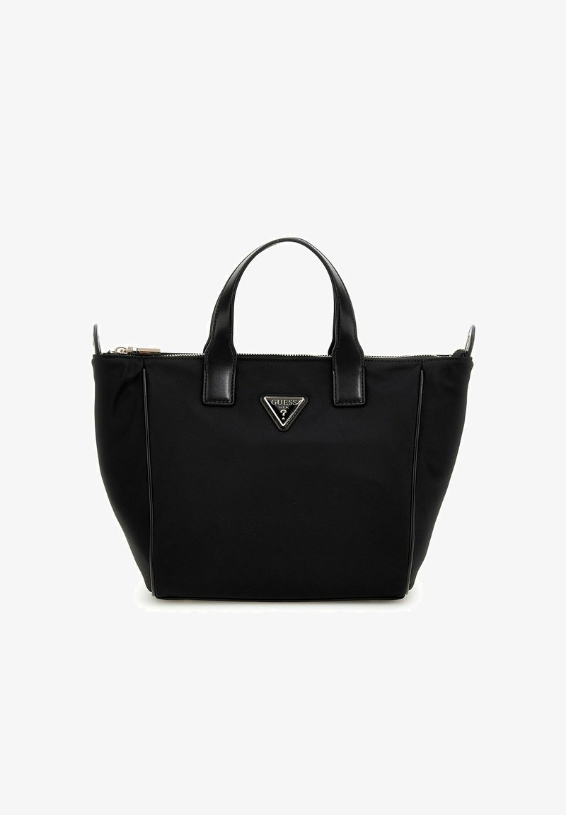 Schwarze Nylon-Tote mit Lederakzenten und zwei kurzen Griffen. Verfügt über ein silbernes, dreieckiges Logo und einen oberen Reißverschlussverschluss.