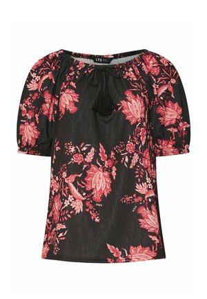 Schwarze Bluse mit kurzen Ärmeln und rotem sowie pinkem Blumenmuster, elastischem Ausschnitt mit Quastenbändern und elastischen Bündchen.