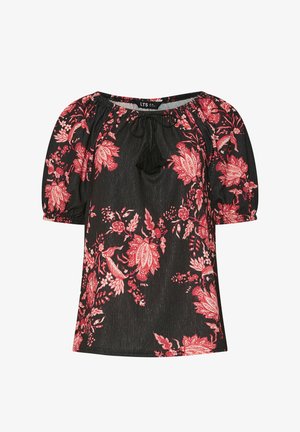 Blusa nera a maniche corte con motivo floreale rosso e rosa, scollo elasticizzato con laccetti con nappine e polsini elasticizzati.