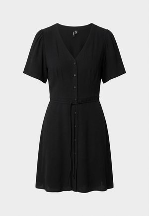 Black short-sleeve dress with V-neck, button-down front, gathered shoulders, and a thin tie belt at the waist.