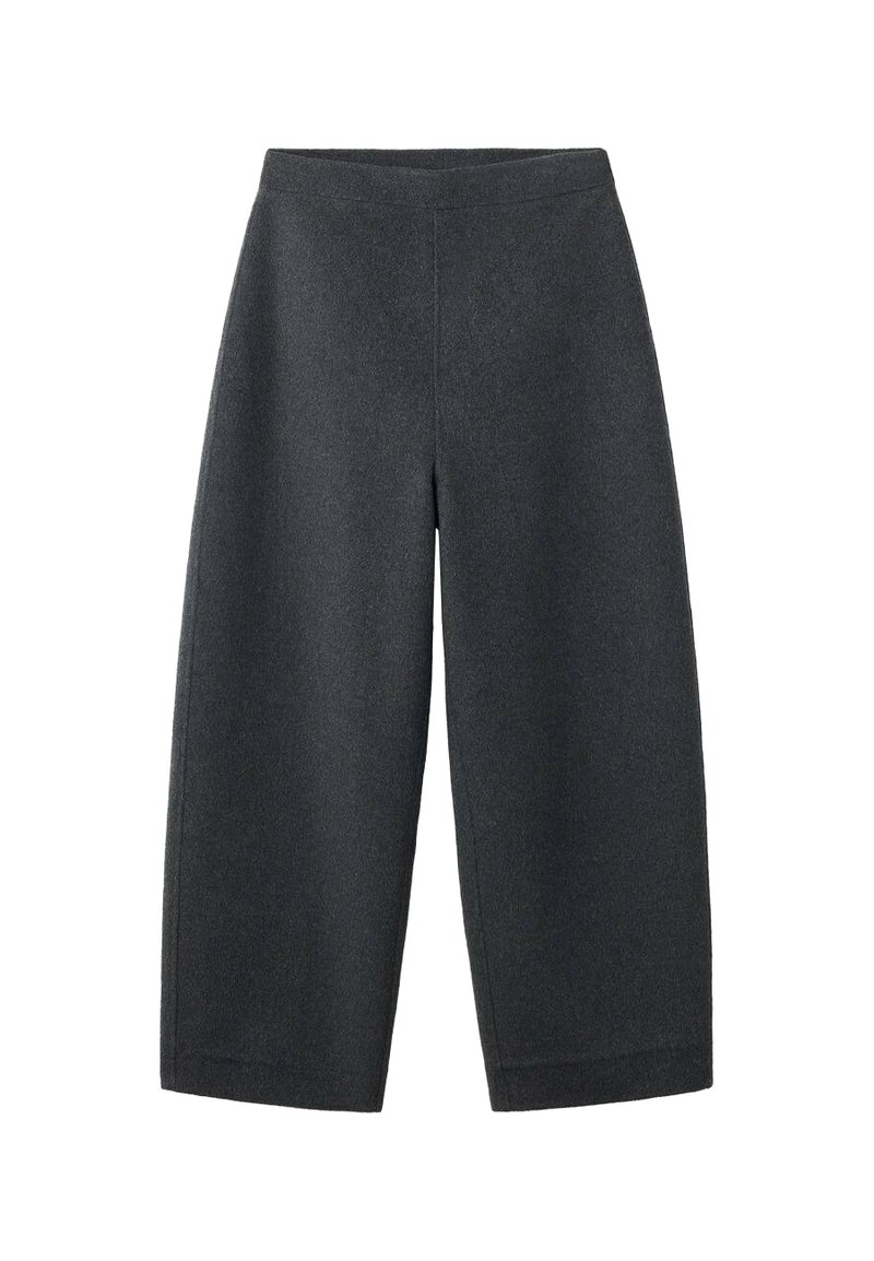 Pantalons larges, cropped, gris foncé, en tissu doux avec une texture lisse et un design simple ; dotés d'une taille haute élastique.