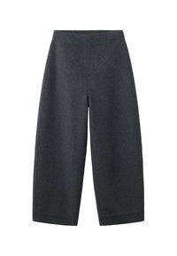 Tmavohnedé, široké, 3/4 nohavice vyrobené z mäkkej tkaniny s hladkou textúrou a jednoduchým dizajnom; majú vysoký elastický pás.