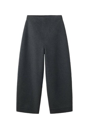Dunkelgraue, weit geschnittene, kürzere Hosen aus weichem Stoff mit glatter Textur und simplem Design; besitzt einen hohen, elastischen Bund.