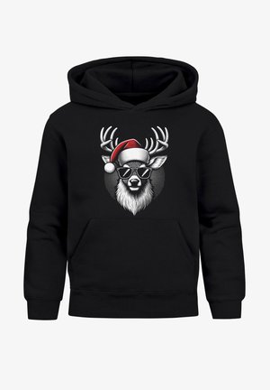 Sweat à capuche noir avec un graphisme d'une tête de cerf portant des lunettes de soleil et un bonnet rouge de Père Noël centré sur la poitrine.