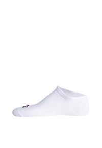 Weißer Knöchelsocken aus weichem Stoff, mit einem gerippten Bund, verstärktem Zehenbereich und einem kleinen mehrfarbigen Logo in der Nähe der Zehen.