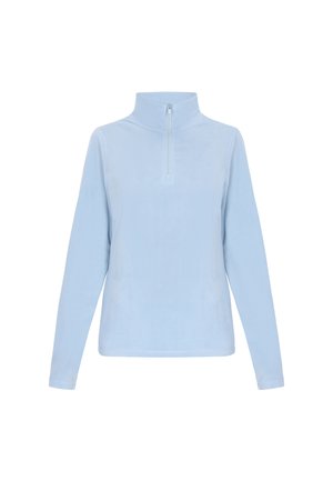 Lichtblauwe fleece pullover met een hoge hals en een rits tot de helft. Heeft lange mouwen, een gladde textuur en een slim fit ontwerp.