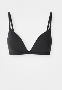 Black triangle bra made of smooth fabric. Features adjustable straps and a minimalist design with a subtle logo on the straps.