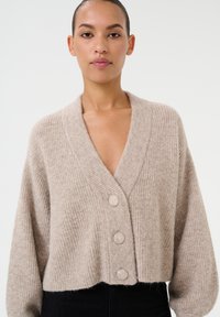 Beige pletený kardigan s širokým V-výst�řihem, třemi kulatými knoflíky a dlouhými, mírně nabíranými rukávy. Měkká textura a zkrácený design.