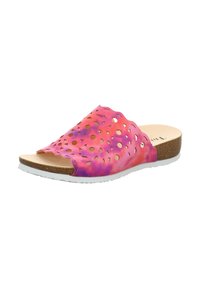 Offene Sandale mit Cut-Out-Design in einem Farbverlauf von Rosa und Lila, mit einer Korkfußbett und einer weißen Gummisohle.