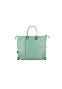 Borsa a tracolla in pelle verde menta con manici arrotondati, chiusure laterali a zip e finitura texture; forma rettangolare con due pannelli laterali.