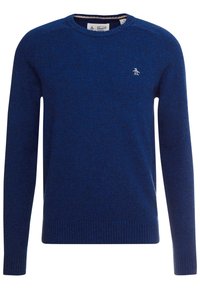 Blue knitted sweater with a crew neck, ribbed cuffs and hem, featuring a small penguin logo on the left chest. Soft, textured material.