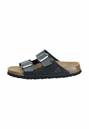 Black and silver glitter slide sandal with two adjustable straps and a cork footbed. Features a textured rubber sole for grip.