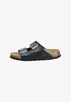 Schwarze und silberne Glitzer-Sandalen mit zwei verstellbaren Riemen und einem Korkfußbett. Verfügt über eine strukturierte Gummisohle für besseren Halt.
