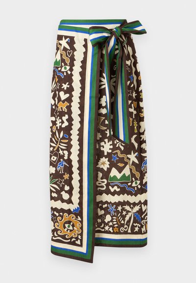 Brun omslagskjørt med flerfargede abstrakte mønstre, inkludert øyne, stjerner, dyr og planter, med en stripete sløyfe i livet.