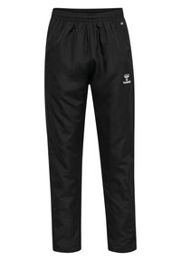 Zwarte joggingbroek van gladde stof. Heeft een elastische tailleband en een klein wit logo aan de voorkant. Rechtoe-rechtaan pasvorm.