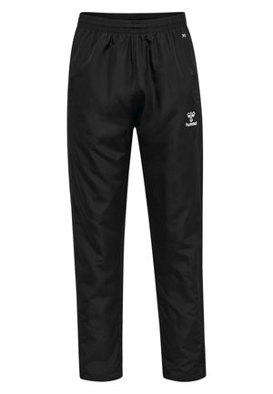 Black track pants made of smooth fabric. Features an elastic waistband and a small white logo on the front. Straight leg design.