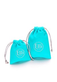 Türkisfarbene Stoffbeutel mit Kordelzug, eine große und eine kleine, mit dem eingeprägten Logo "Elli" und silbernen Akzenten. Glatte Textur, schlichtes Design.