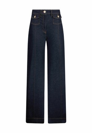 Jeans in denim scuro a gamba larga con cuciture dorate a contrasto, due tasche anteriori e chiusura con bottone. Presenta un design a vita alta.