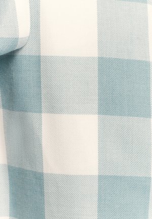 Light blue and white checkered fabric featuring a soft texture with a diagonal weave pattern. The design consists of large squares alternating in color.