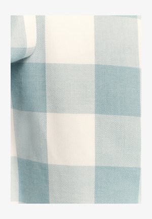 Light blue and white checkered fabric featuring a soft texture with a diagonal weave pattern. The design consists of large squares alternating in color.