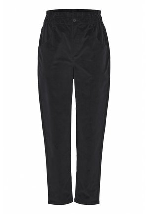 Pantalon en velours côtelé noir avec une coupe décontractée, doté d'une taille élastique, de deux poches latérales et d'une fermeture à bouton à l'avant.
