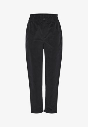 Melnas korduroja bikses ar brīvu piegriezumu, ar elastīgu jostu, divām sānu kabatām un vienu priekšējo pogu.